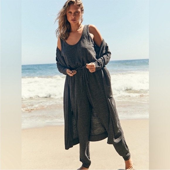 Free People Beach Bicoastal SET In Charcoal Jumpsuit & Long Cardigan L - Picture 1 of 10